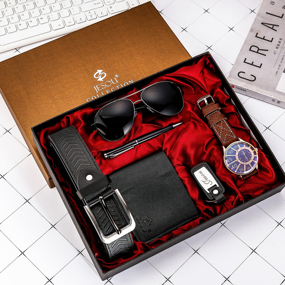 A04988 Men's Watch Belt suit Glasses Belt Wallet Keychain Large Dial Quartz Watch Gift