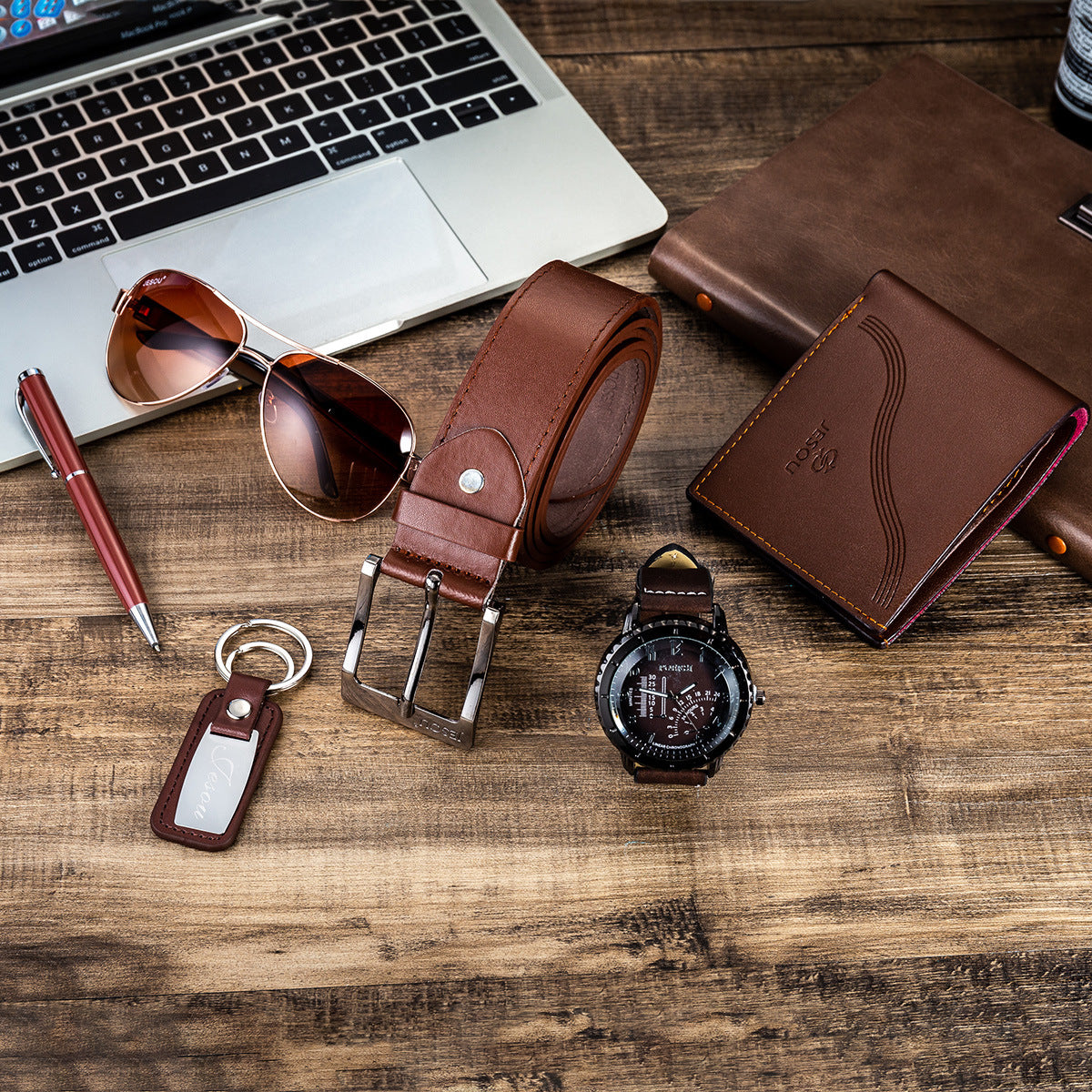 A04988 Men's Watch Belt suit Glasses Belt Wallet Keychain Large Dial Quartz Watch Gift