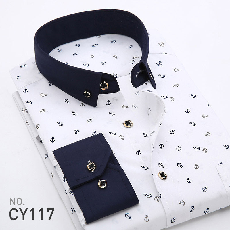 New Men's Printed Long-Sleeved Shirt, Korean Style Slim Fit, Youth Fashion, Casual and Versatile Shirt, Cross-Border Bestseller in Europe and America