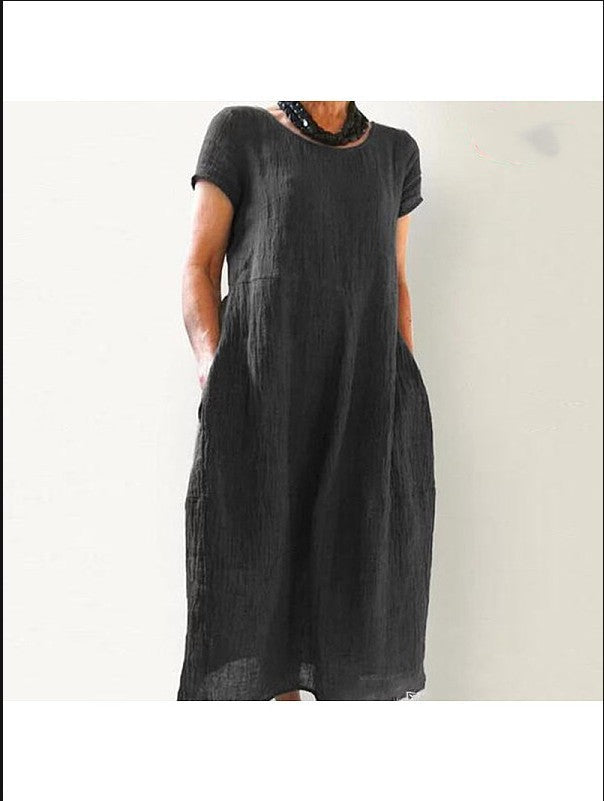 cross-border European and American dress new Chinese style loose solid color large size cotton and linen dress