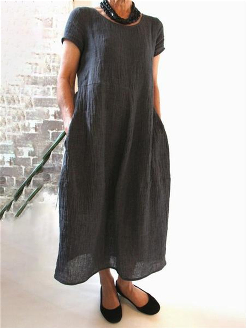 cross-border European and American dress new Chinese style loose solid color large size cotton and linen dress