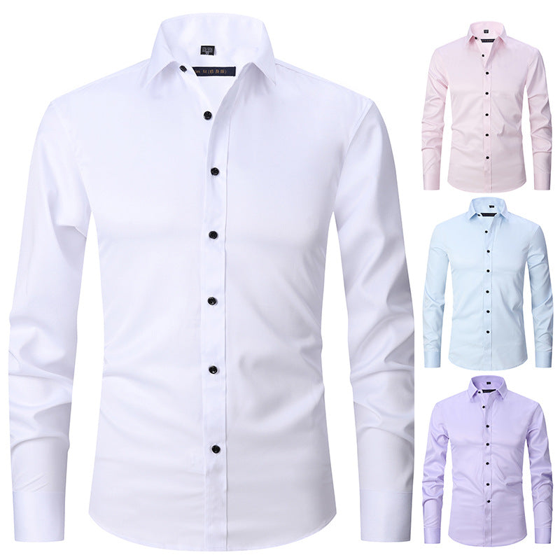 Amazon Stretch Shirt Men's Long-Sleeved Cross-Border Men's Fashion Casual Shirt Men's Top Slim-Fit Solid Color Shirt