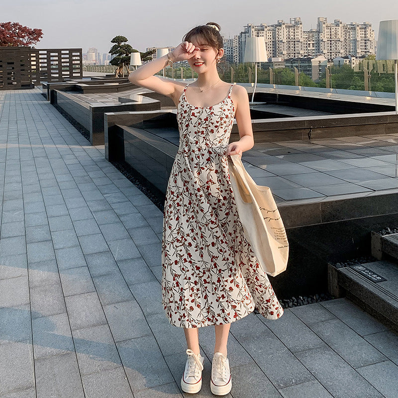 Floral strap dress women's waist slimming summer small fresh 2024 new long skirt foreign trade women's wholesale
