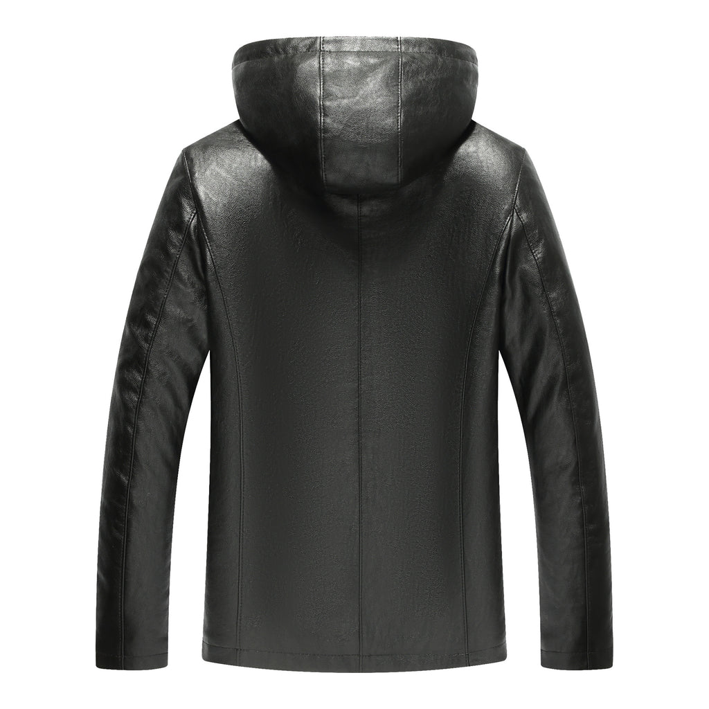 Hooded leather men's New imitation leather winter plus velvet padded long casual men's leather jacket coat wholesale