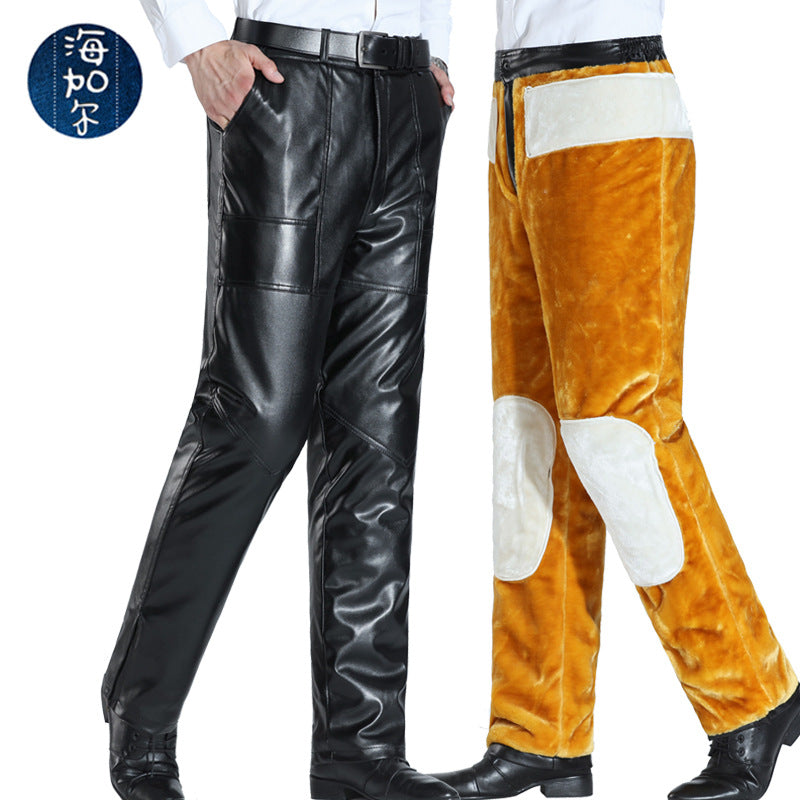 New kneepad waist double thick motorcycle leather pants men's gold velvet pu leather pants plus velvet warm pants wholesale
