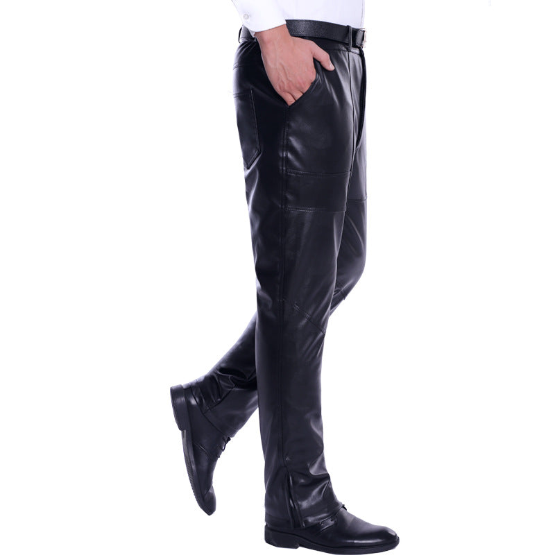 New kneepad waist double thick motorcycle leather pants men's gold velvet pu leather pants plus velvet warm pants wholesale