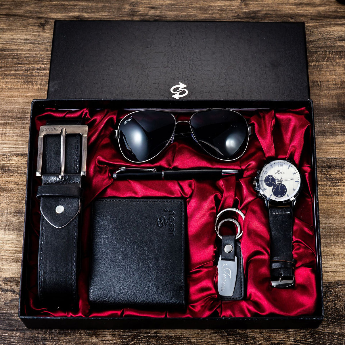 A04988 Men's Watch Belt suit Glasses Belt Wallet Keychain Large Dial Quartz Watch Gift