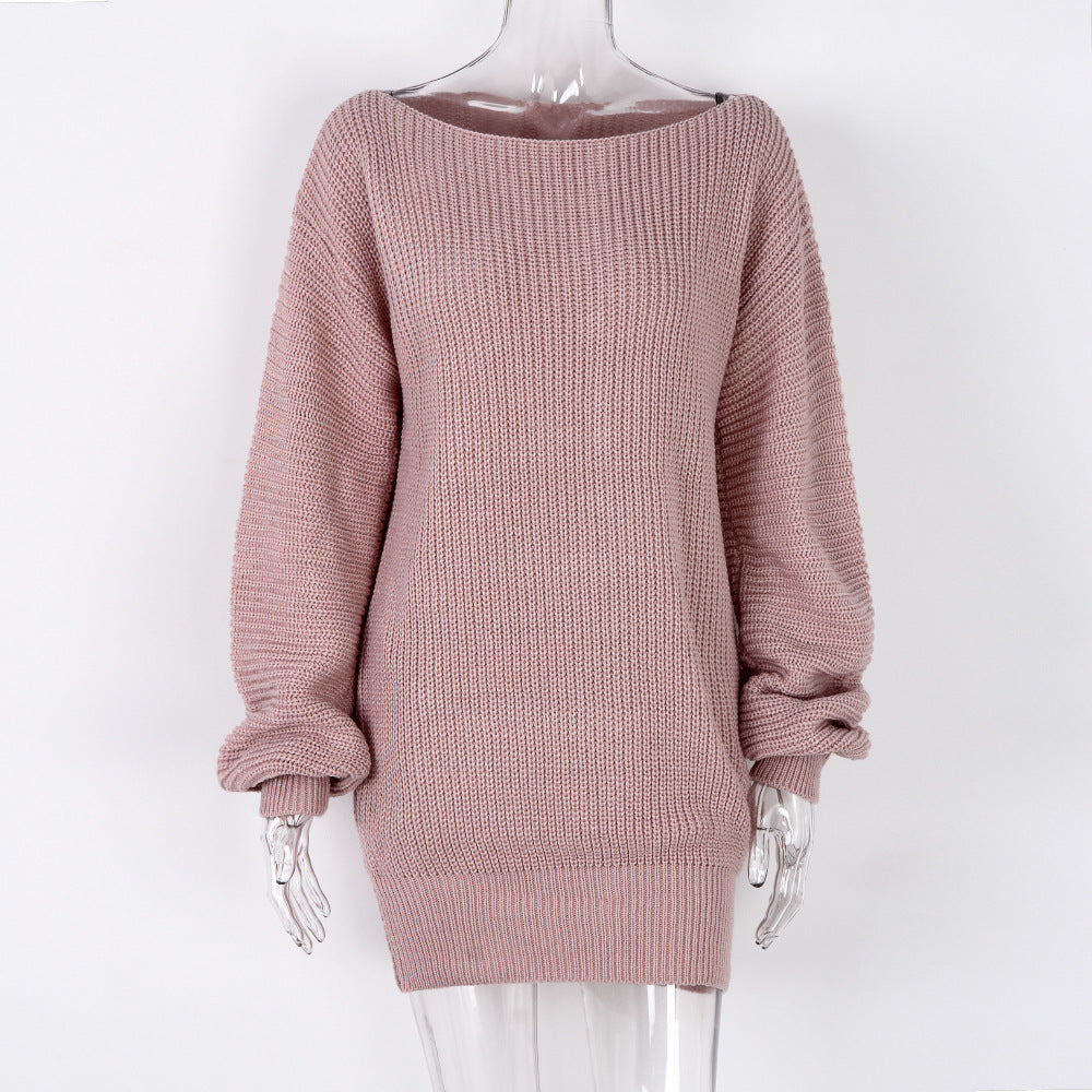 Real shot autumn and winter Europe and the United States long sleeve collar casual loose knitted sweater dress Amazon explosions cross-border women's clothing