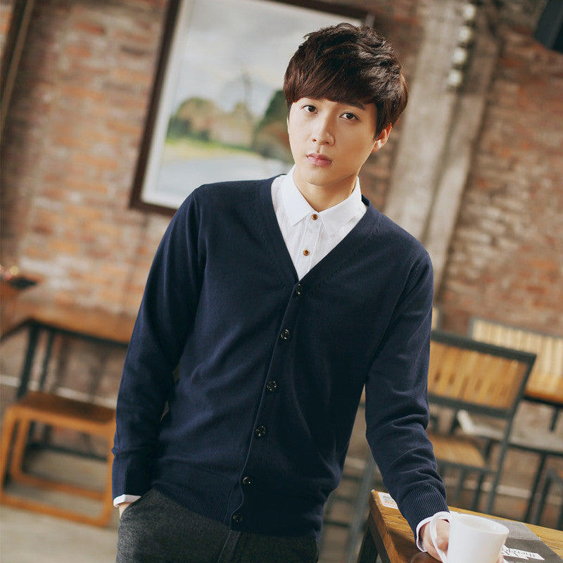 Spring and Autumn New Knitted Sweater Men's Cardigan Thin Sweater Solid Color Young Men's Cotton V-neck Knitted Jacket
