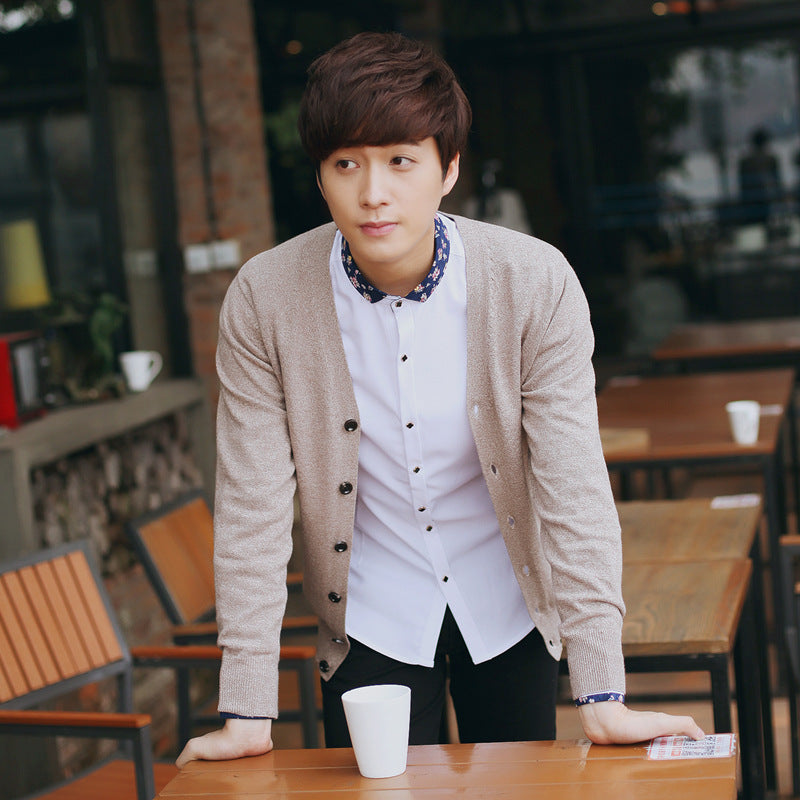 Spring and Autumn New Knitted Sweater Men's Cardigan Thin Sweater Solid Color Young Men's Cotton V-neck Knitted Jacket