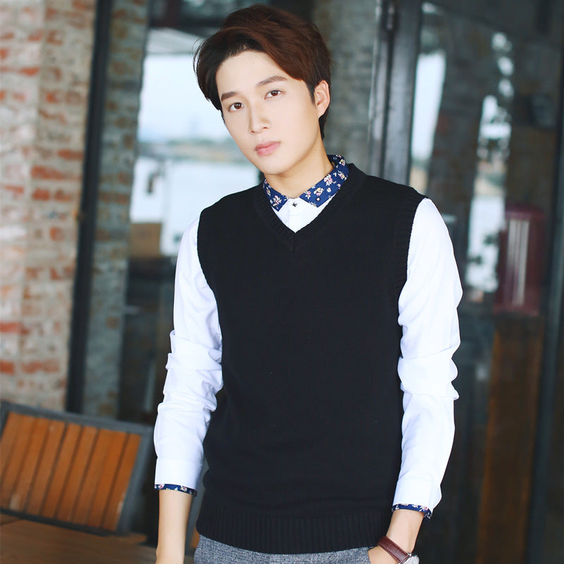 Autumn and winter sweater waistcoat men's Korean-style slim-fit solid color youth V-neck sleeveless sweater vest men's cotton sweater