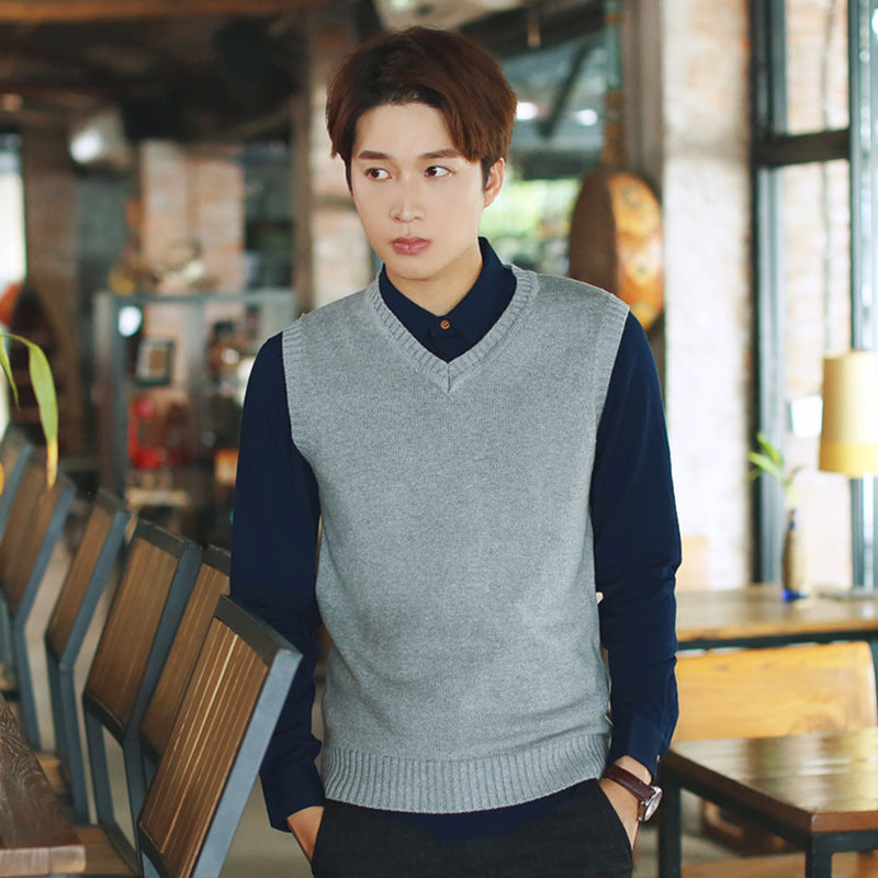 Autumn and winter sweater waistcoat men's Korean-style slim-fit solid color youth V-neck sleeveless sweater vest men's cotton sweater