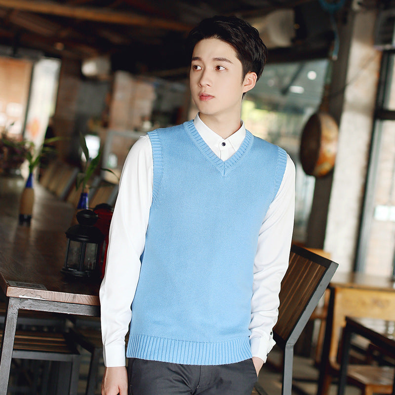 Autumn and winter sweater waistcoat men's Korean-style slim-fit solid color youth V-neck sleeveless sweater vest men's cotton sweater
