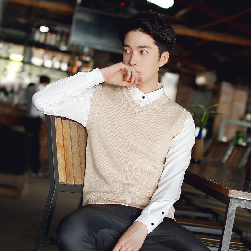 Autumn and winter sweater waistcoat men's Korean-style slim-fit solid color youth V-neck sleeveless sweater vest men's cotton sweater