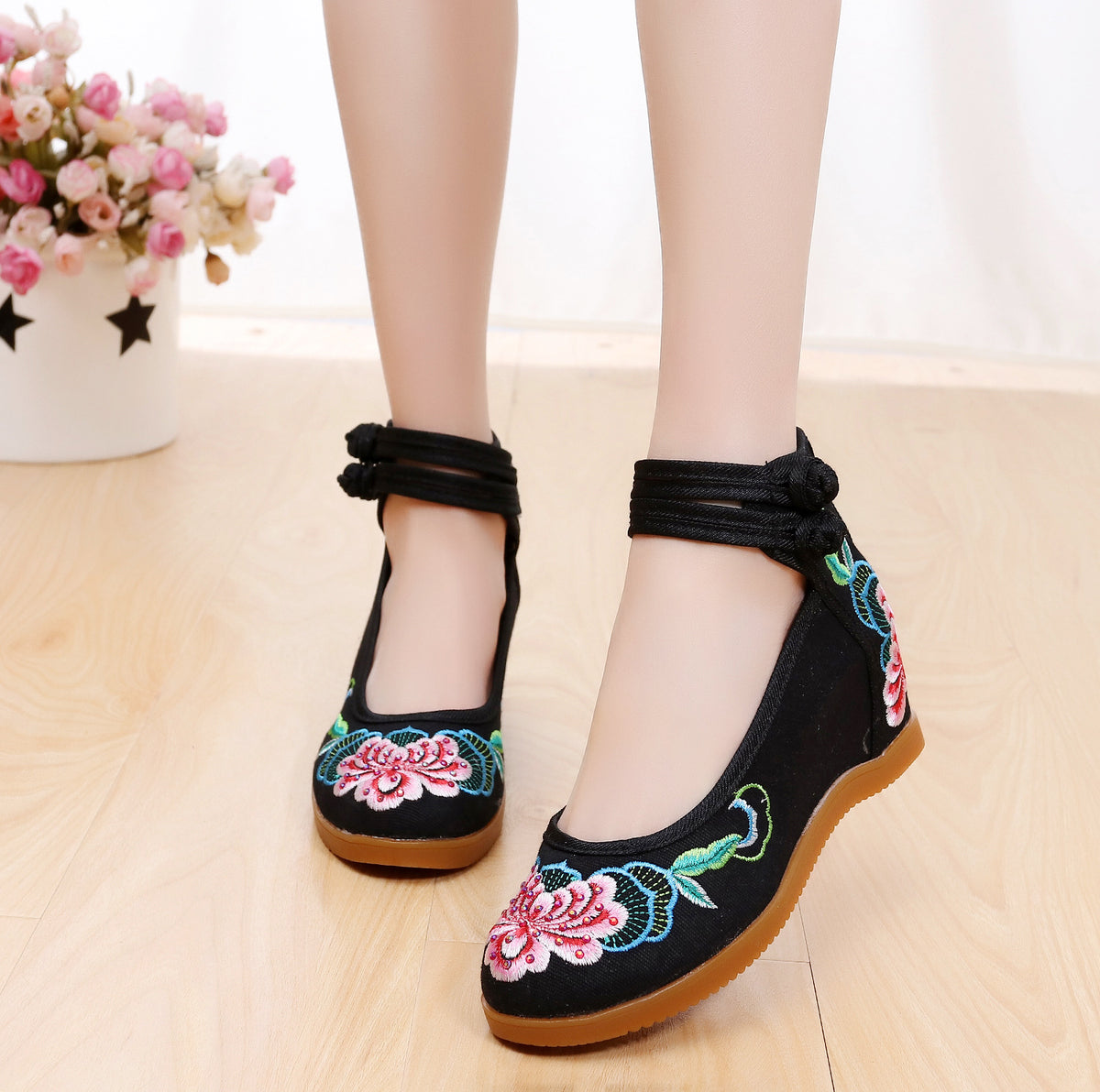 Hibiscus Flower 2020 Hot Drilling Ethnic Style Double Buckle Canvas Inner Height Increasing Women's Shoes Bridal High Heels