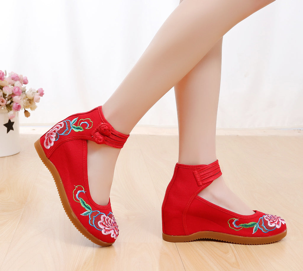 Hibiscus Flower 2020 Hot Drilling Ethnic Style Double Buckle Canvas Inner Height Increasing Women's Shoes Bridal High Heels