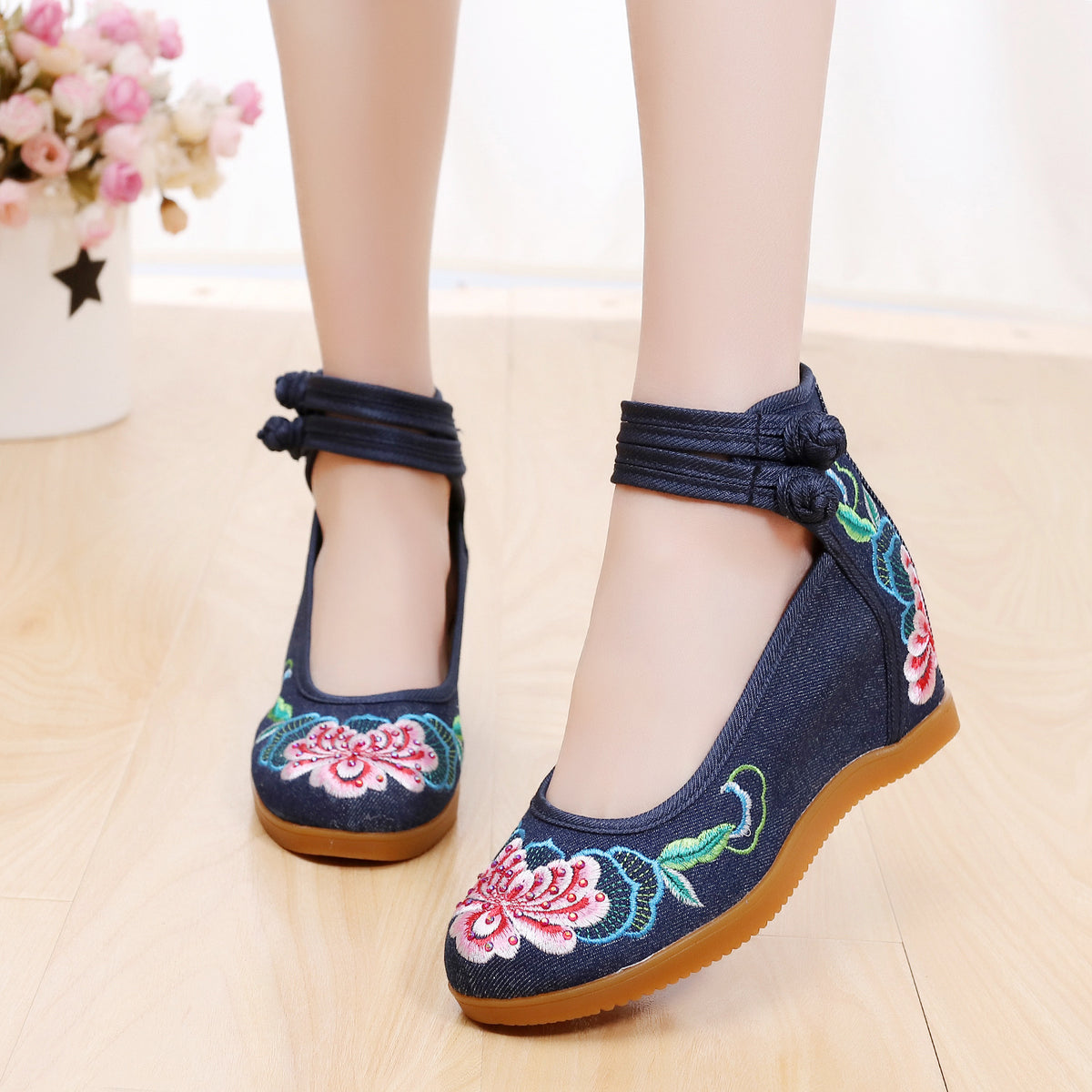 Hibiscus Flower 2020 Hot Drilling Ethnic Style Double Buckle Canvas Inner Height Increasing Women's Shoes Bridal High Heels