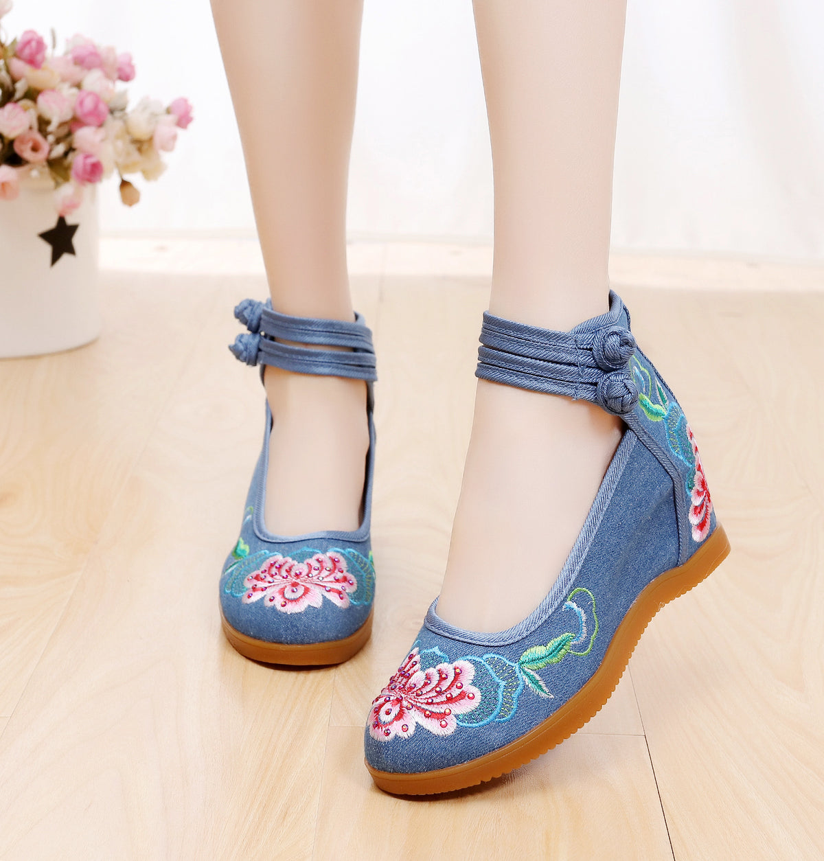 Hibiscus Flower 2020 Hot Drilling Ethnic Style Double Buckle Canvas Inner Height Increasing Women's Shoes Bridal High Heels