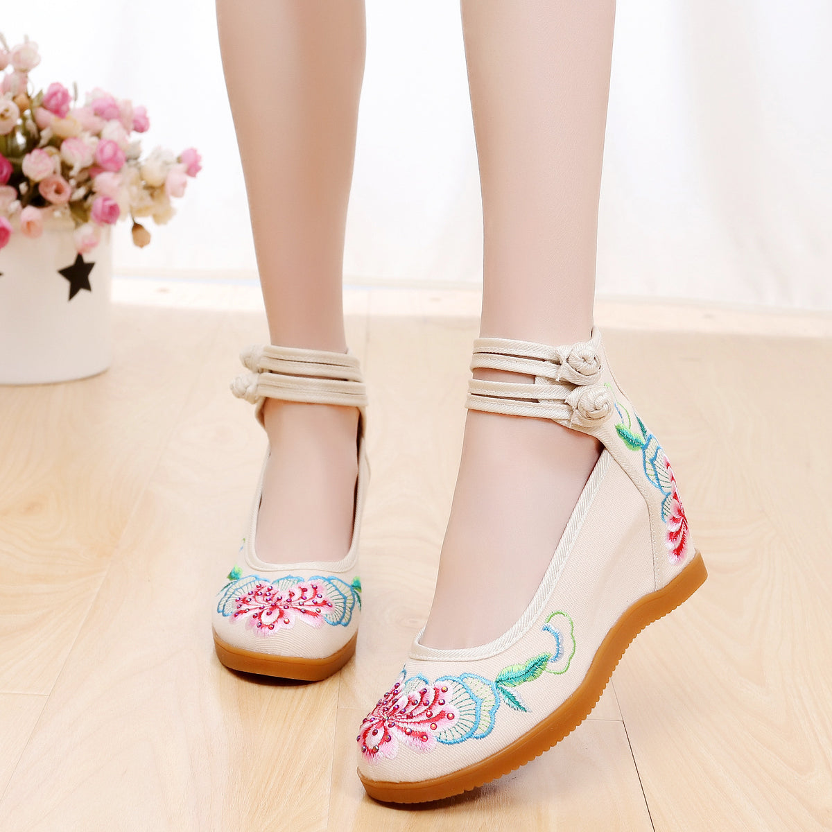 Hibiscus Flower 2020 Hot Drilling Ethnic Style Double Buckle Canvas Inner Height Increasing Women's Shoes Bridal High Heels