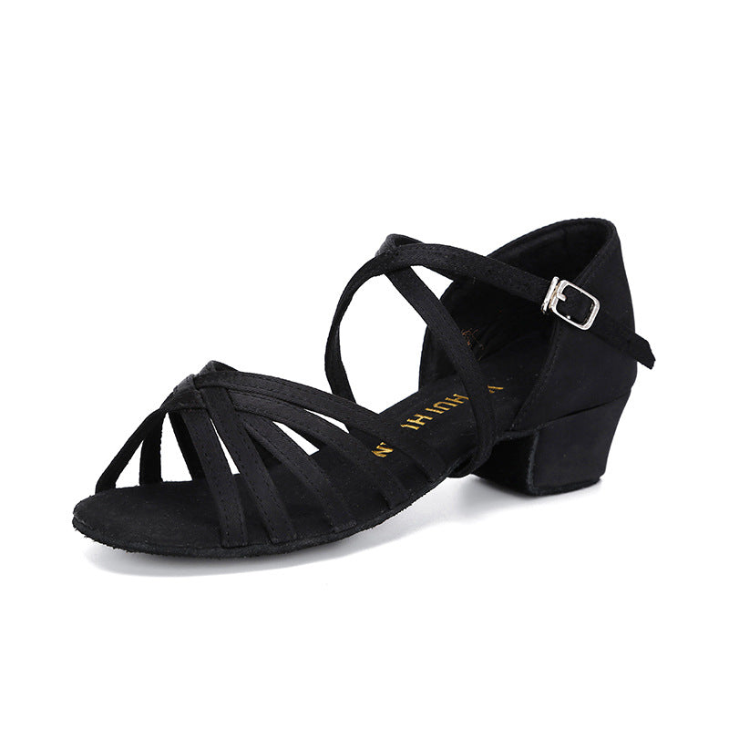 Children's Latin dance shoes girls' dance shoes women's black practice shoes just children's flat heel Princess performance mid-low heel