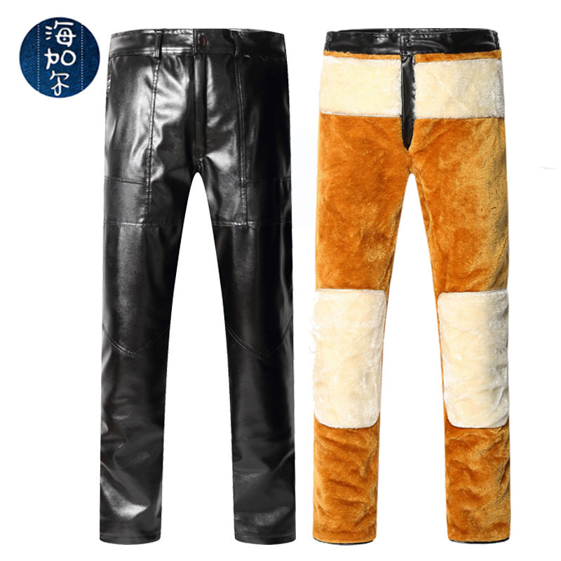 New kneepad waist double thick motorcycle leather pants men's gold velvet pu leather pants plus velvet warm pants wholesale