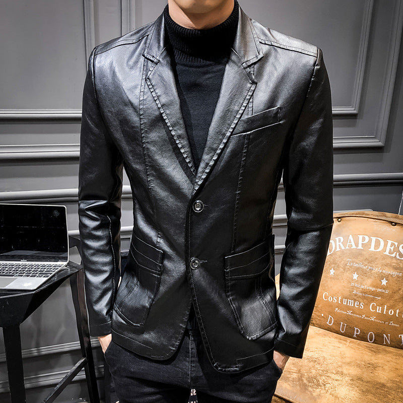 Leather Men's Autumn and Winter Korean Style Trendy Slim Fit Men's Coat Young Men's Leather Jacket Handsome Lapel Top