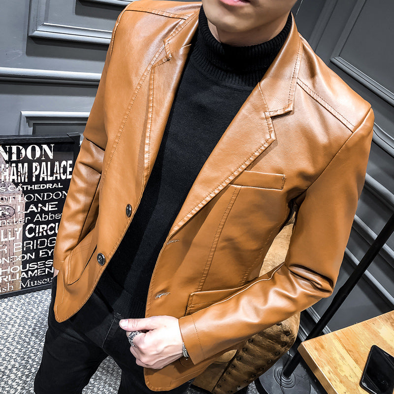 Leather Men's Autumn and Winter Korean Style Trendy Slim Fit Men's Coat Young Men's Leather Jacket Handsome Lapel Top