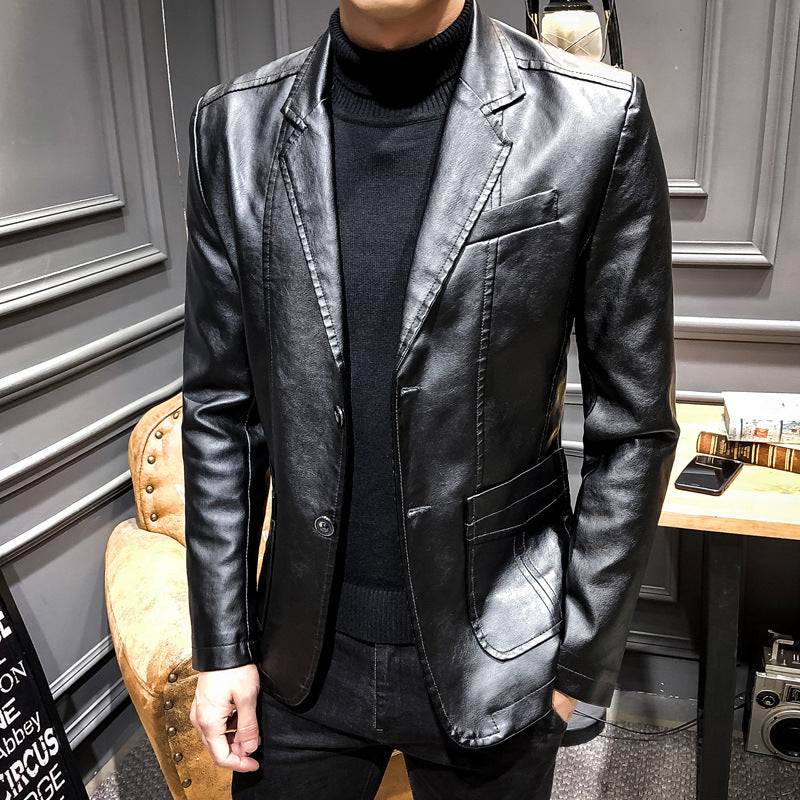 Leather Men's Autumn and Winter Korean Style Trendy Slim Fit Men's Coat Young Men's Leather Jacket Handsome Lapel Top
