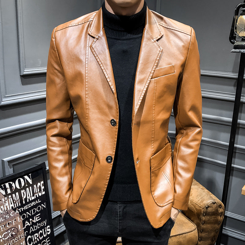 Leather Men's Autumn and Winter Korean Style Trendy Slim Fit Men's Coat Young Men's Leather Jacket Handsome Lapel Top