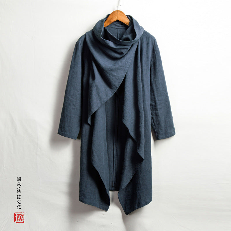 Autumn 2018 New Chinese Style Men's Cotton and Linen Zen Mid-length Coat Coat Linen Long-sleeved Cloak for Men