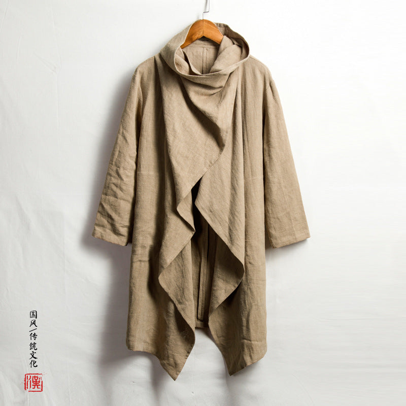 Autumn 2018 New Chinese Style Men's Cotton and Linen Zen Mid-length Coat Coat Linen Long-sleeved Cloak for Men