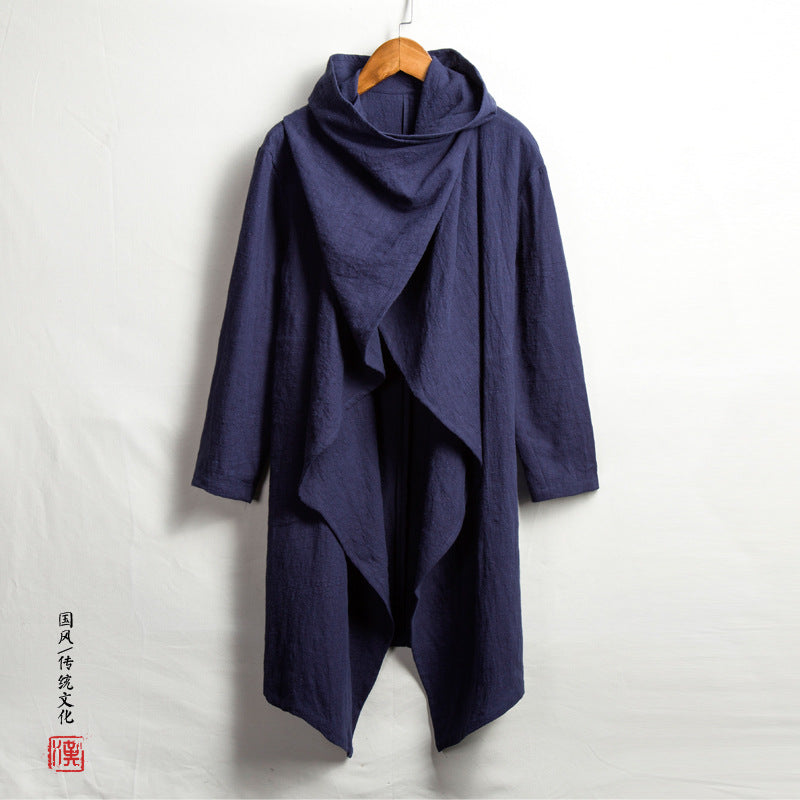 Autumn 2018 New Chinese Style Men's Cotton and Linen Zen Mid-length Coat Coat Linen Long-sleeved Cloak for Men