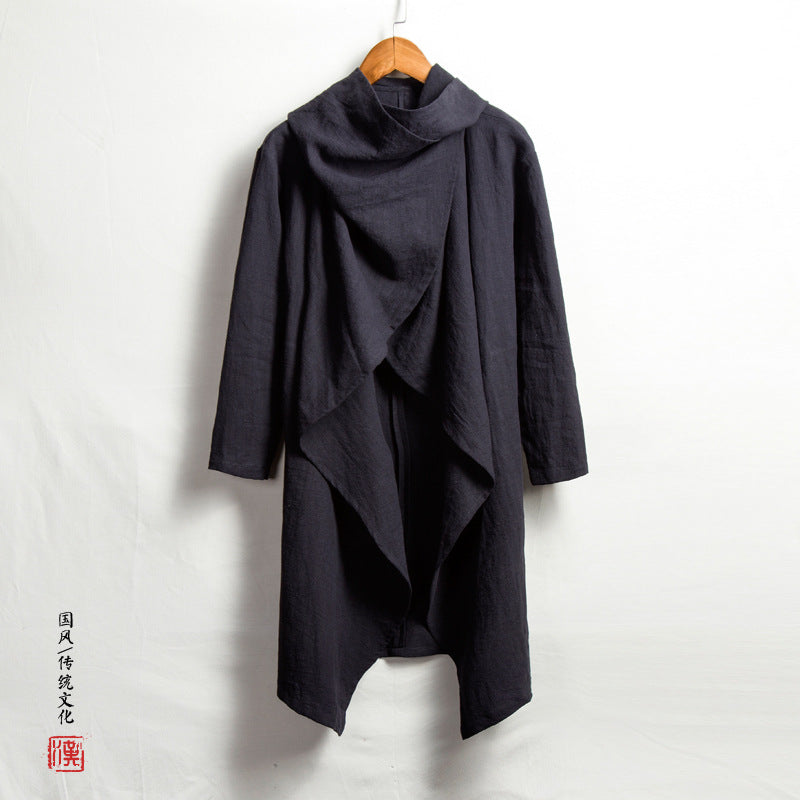 Autumn 2018 New Chinese Style Men's Cotton and Linen Zen Mid-length Coat Coat Linen Long-sleeved Cloak for Men