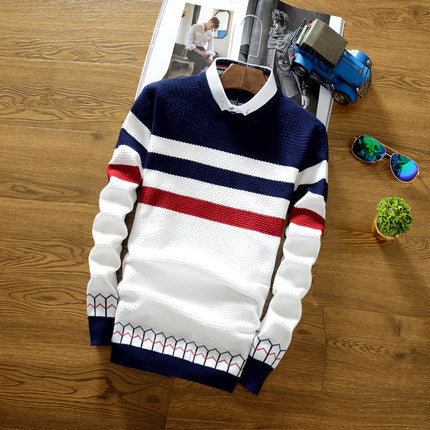 Men's Sweater Men's Spring and Autumn 2024 New Casual Students Korean-style Base Knitted Shirt Fake Two-piece Sweater Small Shirt