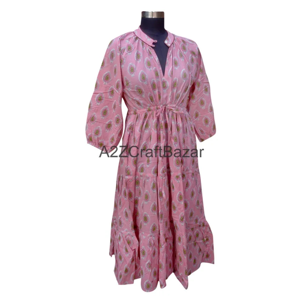 Beautiful Soft Cotton Floral Midi Dress Handmade Lightweight Indian Printed V-neck 3/4 Sleeves Loose Fit Women Daily Natural