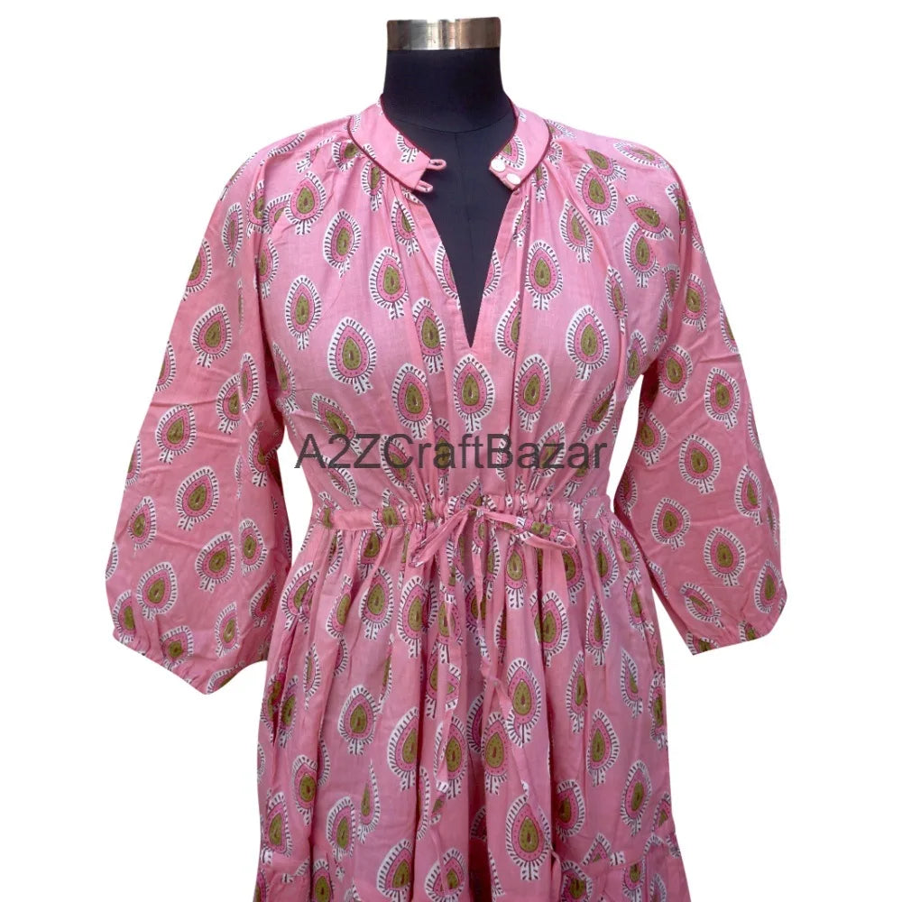 Beautiful Soft Cotton Floral Midi Dress Handmade Lightweight Indian Printed V-neck 3/4 Sleeves Loose Fit Women Daily Natural