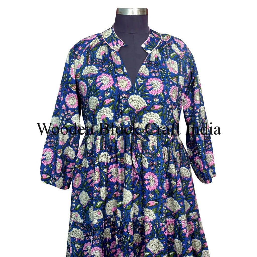 Floral Digital Printing Puff Sleeve Fit Flare Straight Tea-Length Vintage Bridesmaids Women Wear Cotton Washable Dress