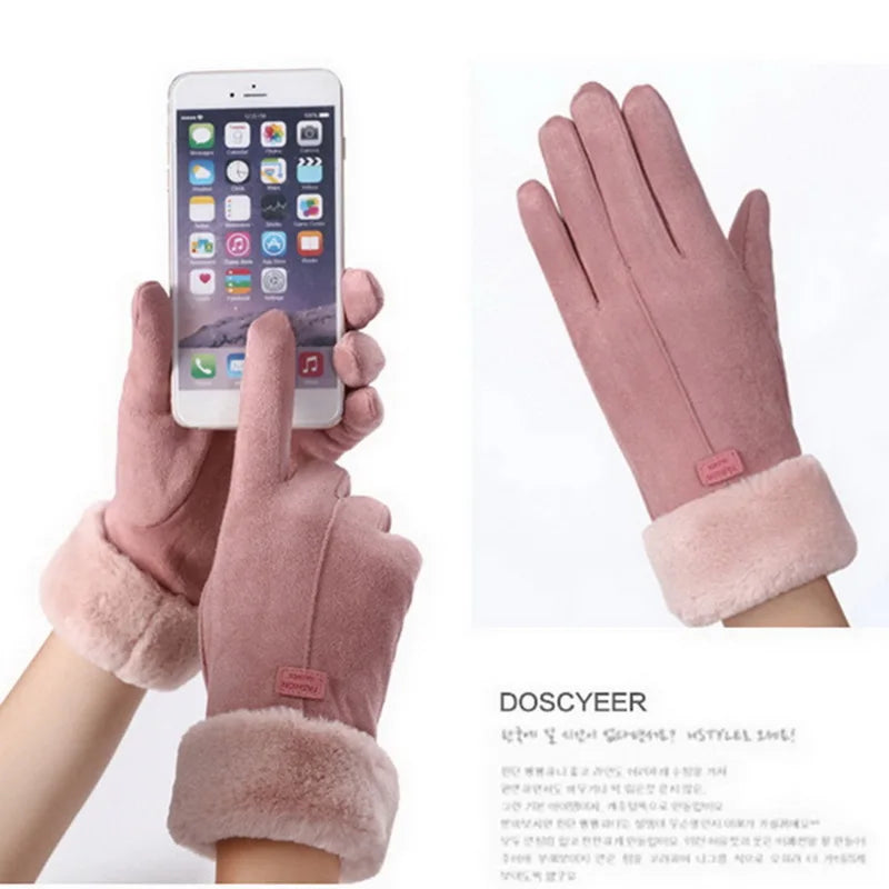Women's Winter Suede Gloves Fleece Warm Windproof Full Finger Gloves Touchscreen Cold Weather Hiking Outdoor Sport Female Gloves