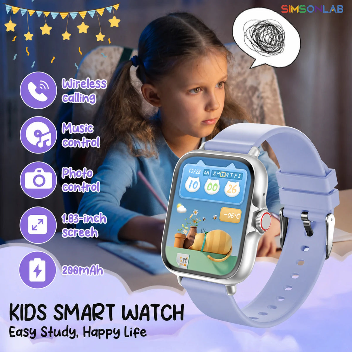 Smartwatch Kids 1.83-inch Screen Sports Tracking Real-Time Weather 200mAh Battery Bluetooth Call/Music Parent-child interaction