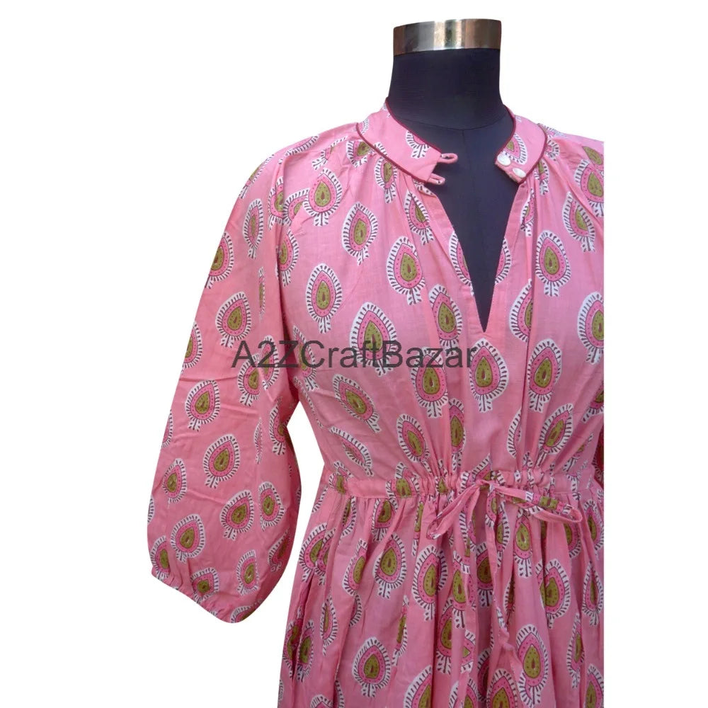 Beautiful Soft Cotton Floral Midi Dress Handmade Lightweight Indian Printed V-neck 3/4 Sleeves Loose Fit Women Daily Natural