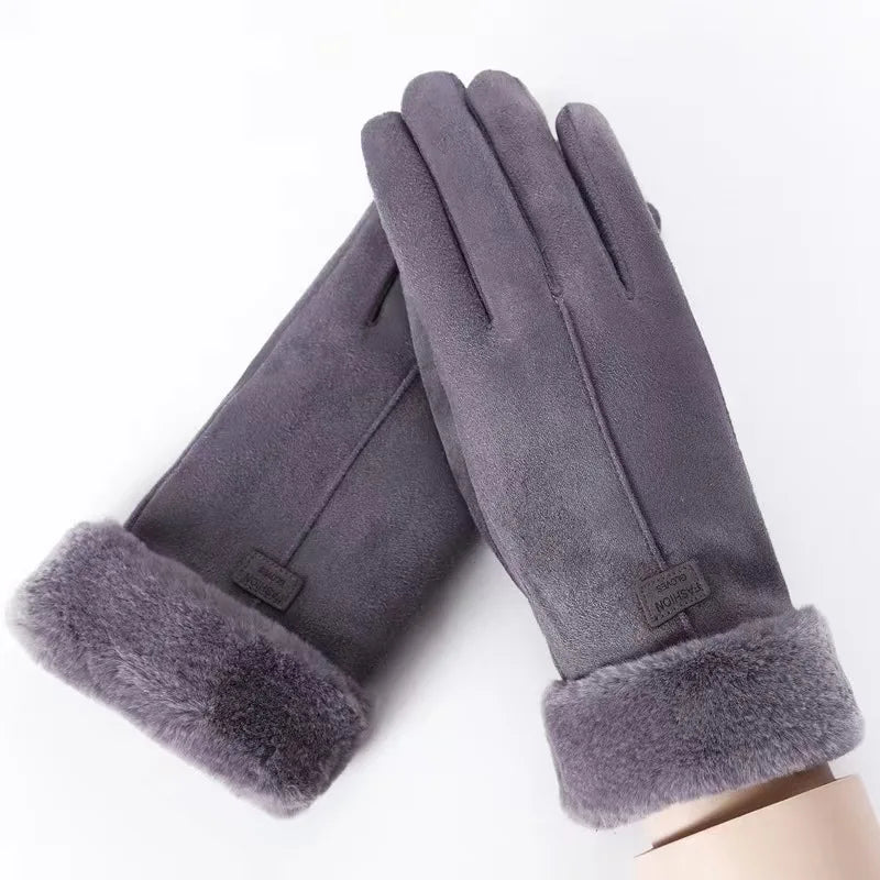 Women's Winter Suede Gloves Fleece Warm Windproof Full Finger Gloves Touchscreen Cold Weather Hiking Outdoor Sport Female Gloves