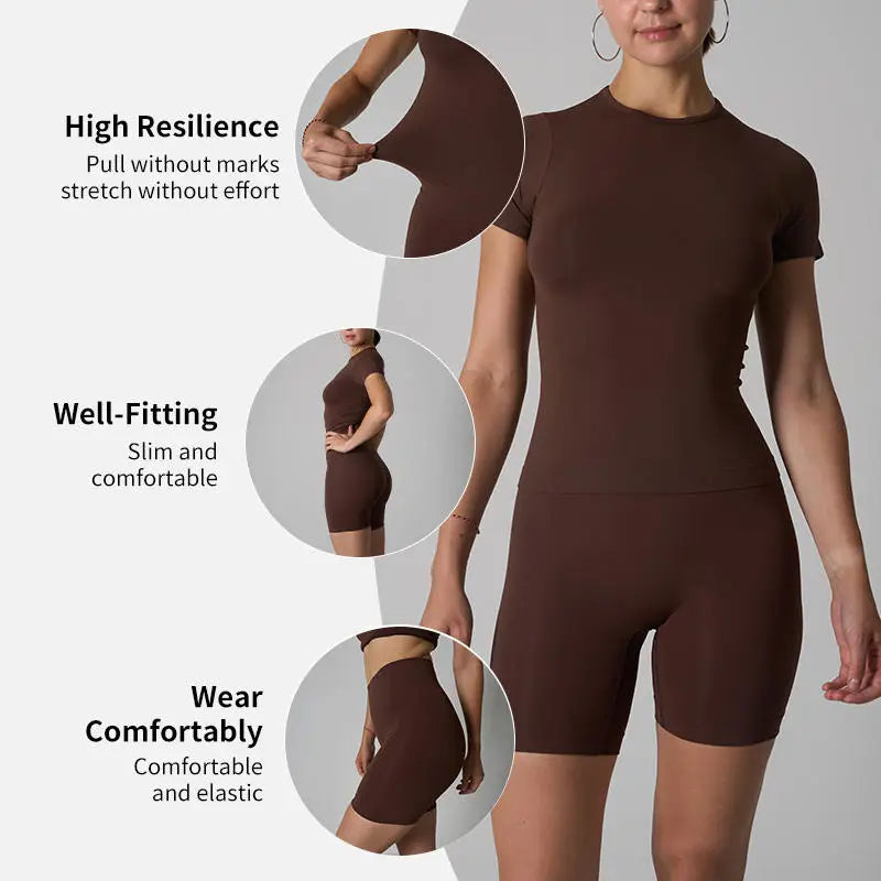 High Waist Scrunch Butt Shorts Yoga Fitness Set Women Two Piece Short Sleeve Crew Neck Slim Fit Shirts Matching