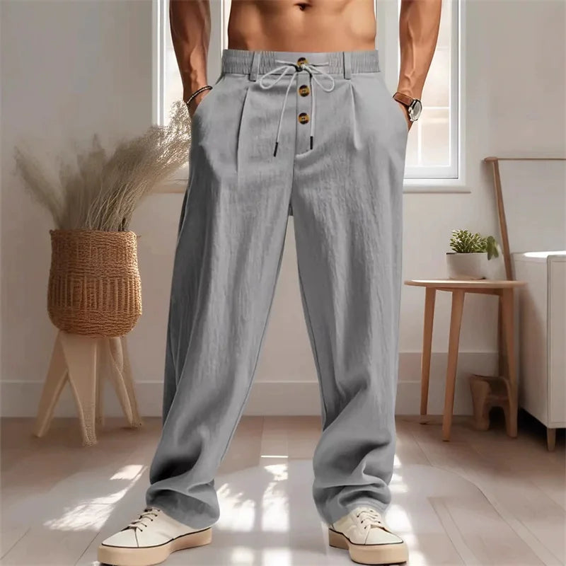 New Men's Breathable Casual Linen Trousers – Stylish Streetwear Joggers & Loose-Fit Straight-Leg Beach Pants