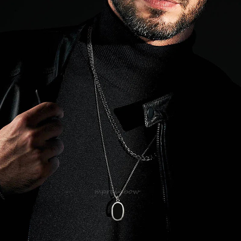 Men Necklace, Oval Round Pendant, Stainless Steel Minimalist Black Pendants.French Style Vintage Men Jewelry