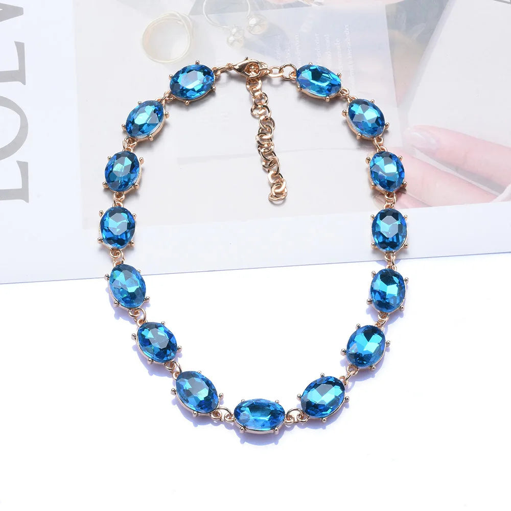 Gemstone Jewelry Set for Women Gem Stone Crystal Rhinestone Joyas Accessories Beaded Blue Violet Purple Bracelet Necklace