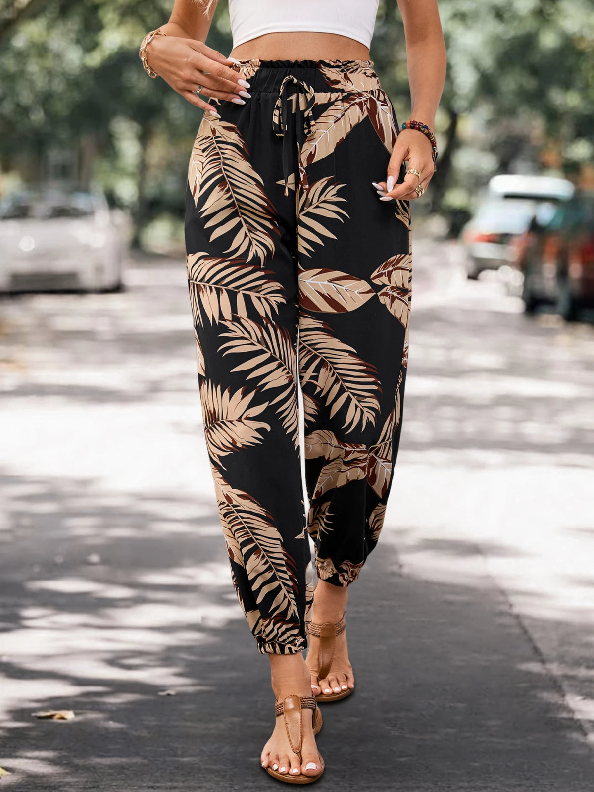 2026 Women's Fashion Summer Pocket Joggers Casual Loose Plant Print Pants Trousers