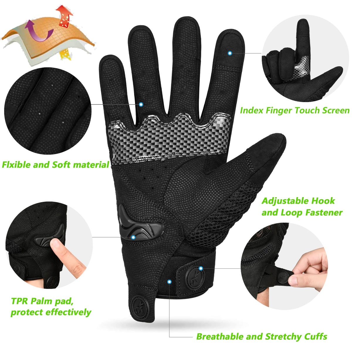 MOREOK Motorcycle Gloves for Men Women Carbon Fiber Knuckle Full-Protection Motocross Gloves Touchscreen Warm Dirt Bike Gloves