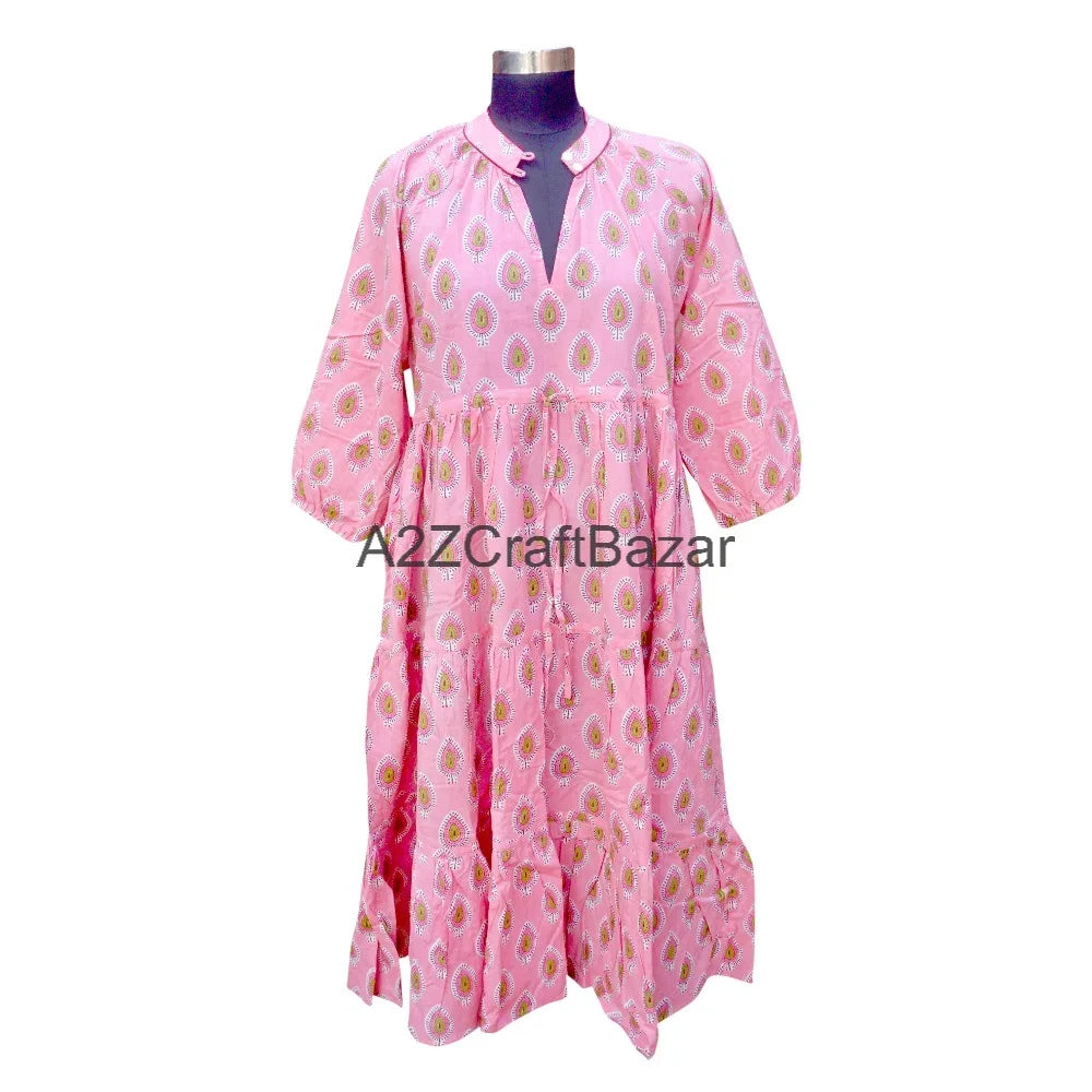 Beautiful Soft Cotton Floral Midi Dress Handmade Lightweight Indian Printed V-neck 3/4 Sleeves Loose Fit Women Daily Natural