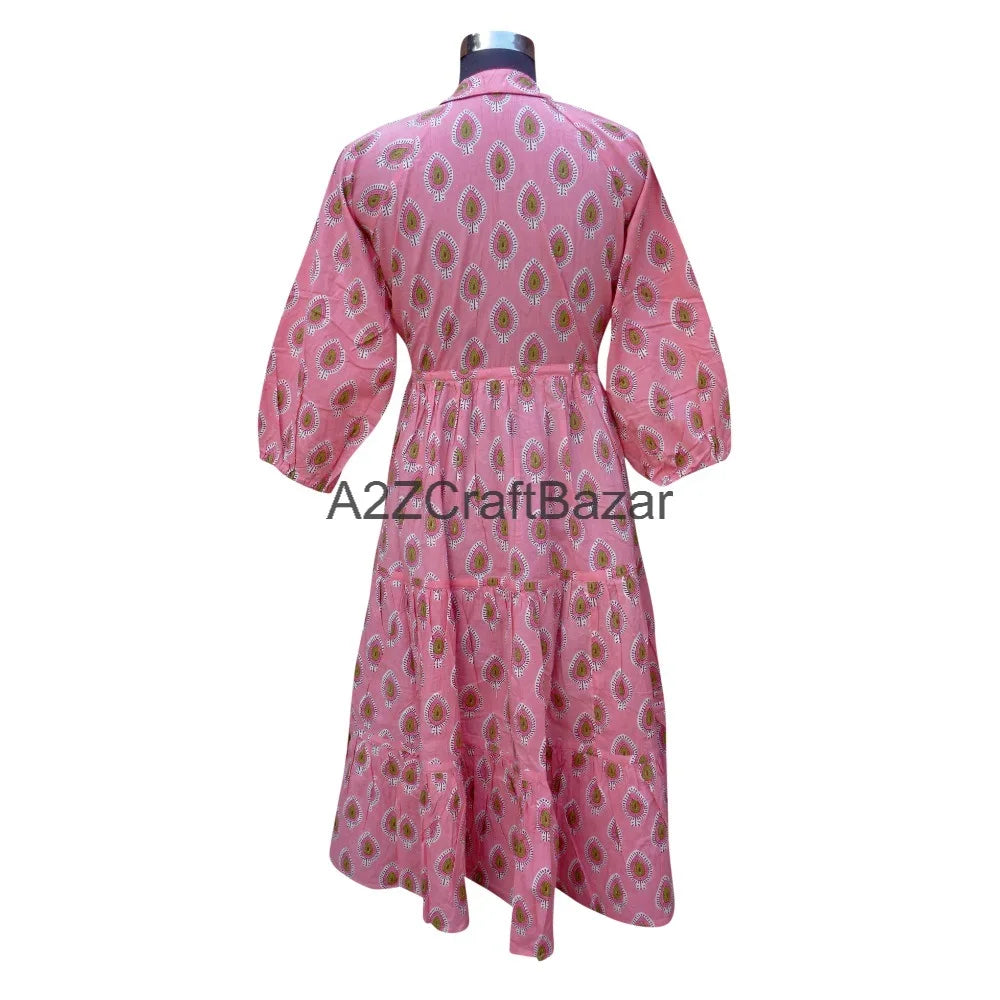 Beautiful Soft Cotton Floral Midi Dress Handmade Lightweight Indian Printed V-neck 3/4 Sleeves Loose Fit Women Daily Natural