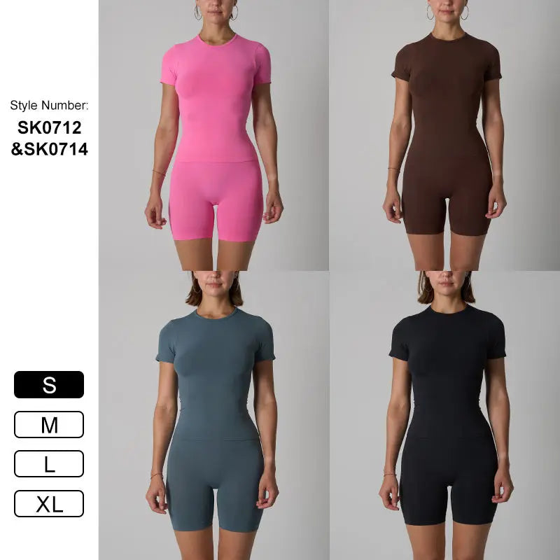 High Waist Scrunch Butt Shorts Yoga Fitness Set Women Two Piece Short Sleeve Crew Neck Slim Fit Shirts Matching
